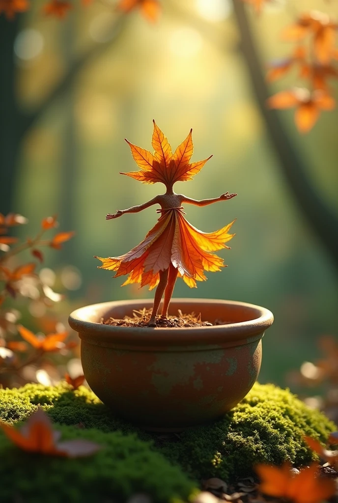 A whimsical miniature figure composed of delicately arranged autumn leaves, poised in a carefree dance on the rim of a weathered, moss-covered terracotta pot, set against a lush, vibrant forest backdrop, where dappled sunlight filters through the canopy above, casting intricate shadows. The overall aesthetic is ethereal, with warm, earthy tones of sienna, umber, and olive green, infused with hints of emerald and golden light, evoking a sense of wonder and enchantment, as if plucked from a fantastical realm.