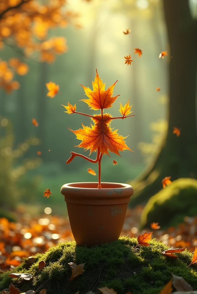A whimsical miniature figure composed of delicately arranged autumn leaves, poised in a carefree dance on the rim of a weathered, moss-covered terracotta pot, set against a lush, vibrant forest backdrop, where dappled sunlight filters through the canopy above, casting intricate shadows. The overall aesthetic is ethereal, with warm, earthy tones of sienna, umber, and olive green, infused with hints of emerald and golden light, evoking a sense of wonder and enchantment, as if plucked from a fantastical realm.