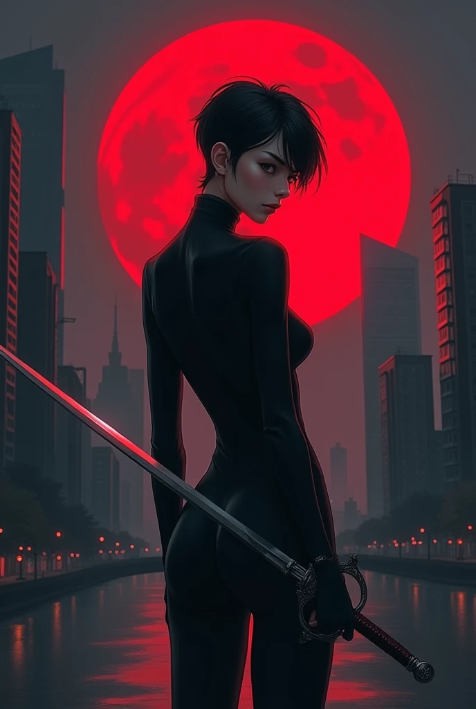 Show me an hyperrealism picture of a young man with a feminine body, wearing a black tight suit and holding a sword, as he turns his back with the city at night in the background, featuring a red, round moon.
