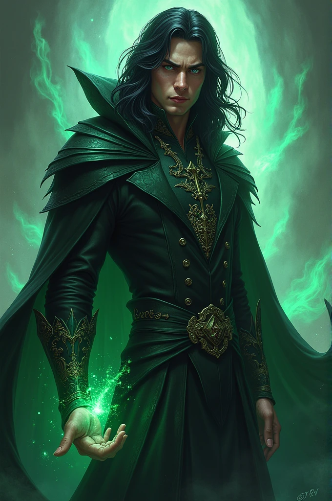 Xander Blackthorn, a sorcerer sporting a mane of raven-black hair and piercing emerald eyes