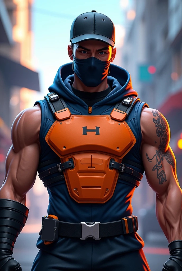 Male gamer style character, orange chest black mask cap backwards blue black Free fire