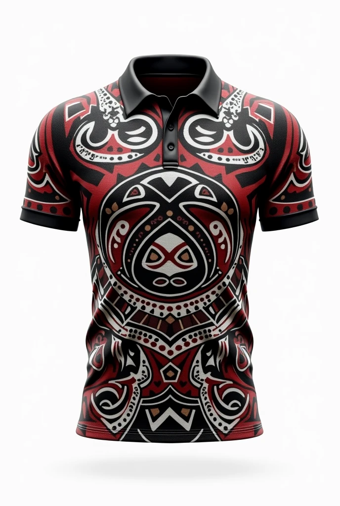 Create rugby jersey maori tribe full pattern black white red retro black collar white background front and back design side by two side clear design