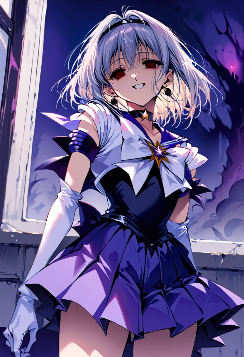 (masterpiece, Highest quality, so beautiful, Very detailed), Intricate details, 12k, Honestly,In awe of the Sailor Saturn XL,sailor senshi uniform,jewelry,skirt,choker,star choker,sailor collar,bow,brooch,star brooch,purple sailor collar,purple skirt,gloves,tiara,short hair,white gloves,earrings,elbow gloves,pleated skirt,, Are standing, Cowboy Shot,,(Wicked Smile:1.2), One person,(Silver Hair:1.4),(empty eyes,:1.4),From below,Watching the dawn,Dark aura,View your audience,(red eyes:1.2),