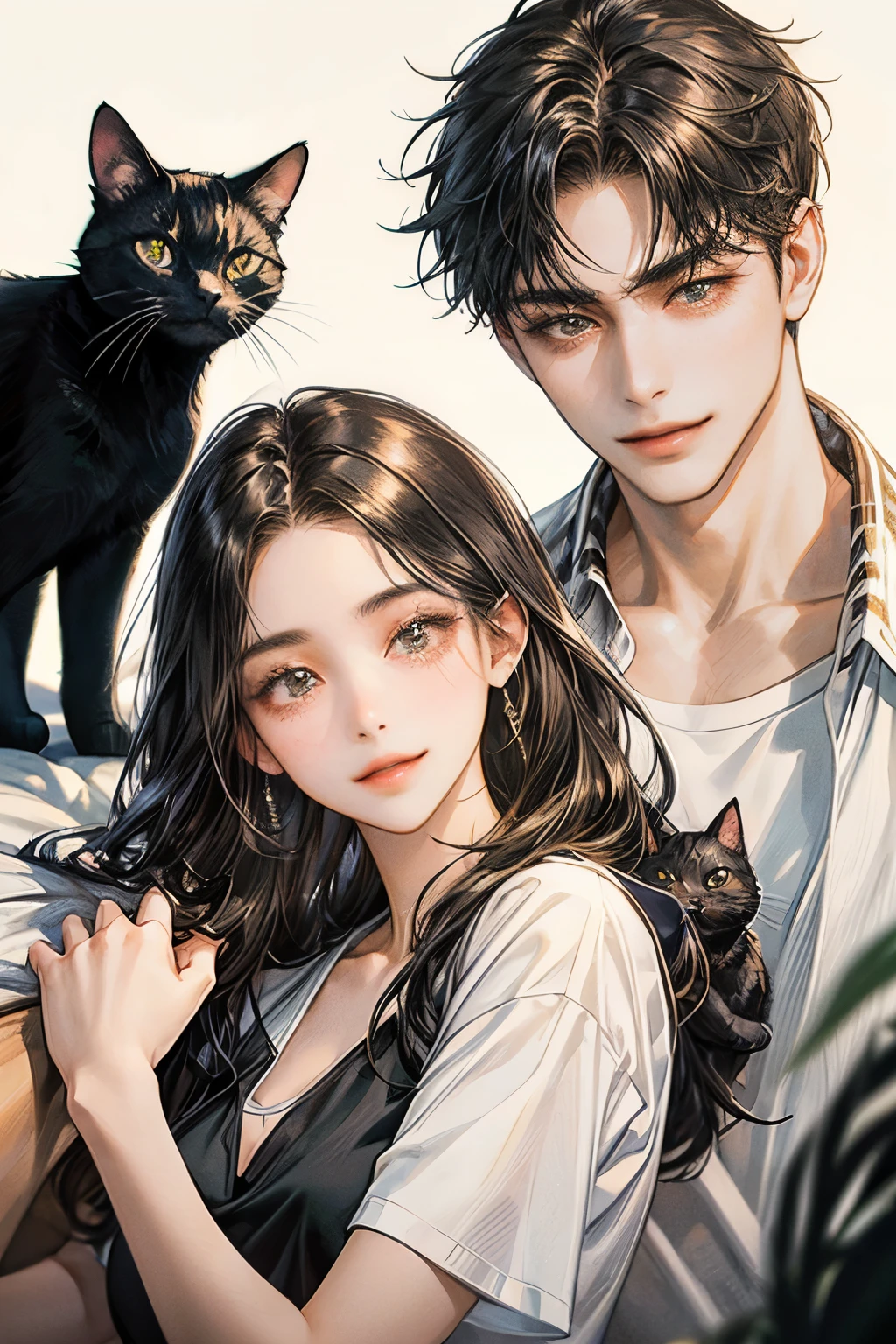 black hair, high resolution, Masterpiece, details, detailsสูง, โมเดลhigh resolution, simple background, college student couple,Play with cats, Black Cat, black hair, long hair woman, Men with short hair, simple background, bedroom, smile, t-shirt, sexy woman, brown eyes
