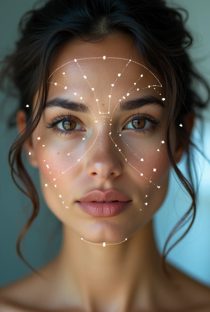 Photo 9:16 biometric facial recognition points and lines on the face of a Latina woman, IN FRONT OF THE CAMERA