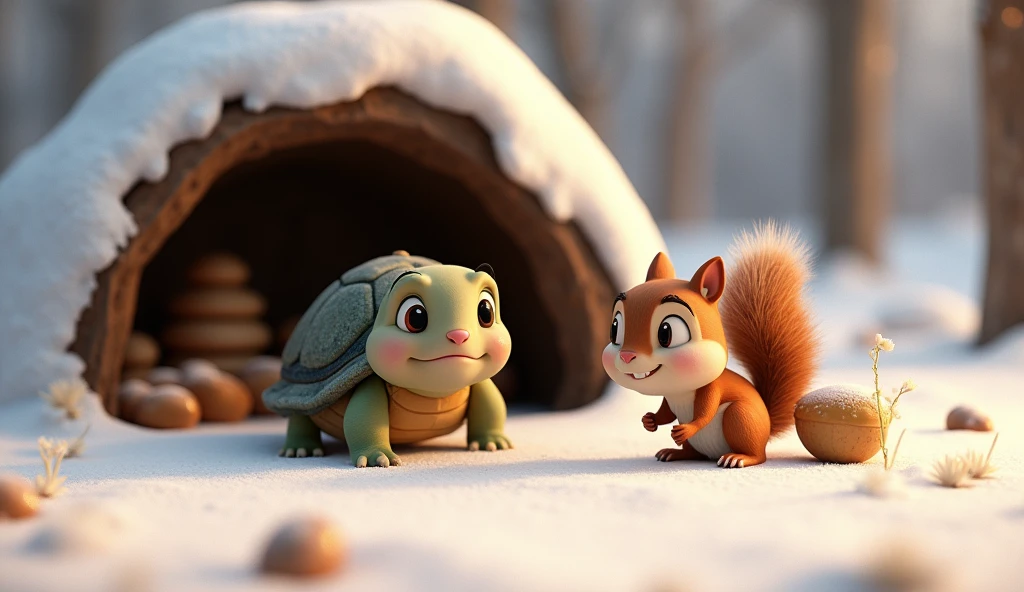• make 3d realistic animated image of "• "Come with me," Shelly(an old turtle)said kindly. She led Nutty(squirrel )to her cozy burrow where she had stored plenty of food for the winter.
Prompt: Shelly gently guiding Nutty through the snow to her warm, inviting burrow, where stacks of acorns and other food are stored, creating a cozy and safe environment.