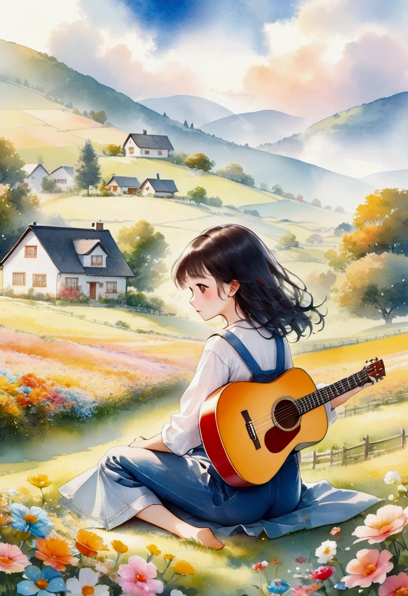 Line art, Imaginary Thoughts about Your Dream Girlfriend、Warm Depiction,Dream Lover、Envisioned as a Lifelong Partner。She embodies the Simplicity of a Chinese Country Girl、Diligent,Wisdom & Fusion、美しくDiligent性格。This Artistic Depiction Paints her within a Rural Landscape,Exudes Sweetness、Romantic atmosphere。(( 1 person, alone, Black Hair, keep, Sitting, She is Dressed in Simple Denim Overalls & a White Shirt,I'm playing the guitar)),Reflecting her Humble Origins & Grounded Personality。Her Features are Gentle & Beautiful,Gentle facial expressions、Charm。Background is Picturesque Rural Scenery,Gentle hills、Fields & Traditional Rural Home,Adds a Sweet & Simple Romantic Charm。The Overall Style Merges Realism with Idealized Rural Beauty,dream-like、Essence of a Cute Country Girl, (Floral watercolor:1.5),(Ultra high color, Bright and vibrant colors:1.5), (Browsing Caution), (Looking at the audience from the front:1.5)
