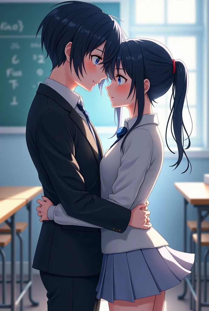 (8k、Best image quality、Highest quality、masterpiece)、Detailed face、two))、Black Hair、short hair、Long Hair、ponytail、blue eyes、blush、Center of chest、Seraphim、mini skirt、Cowboy Shot、Embrace each other、kiss、((Peep Pose))、Shooting from the side、((avert your eyes))、Classroom Background、((Browsing Caution))
