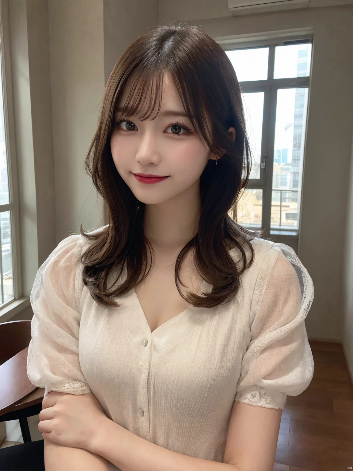 Tabletop, Highest quality, figure, Very detailed, In detail, High resolution, 8k wallpaper, Perfect dynamic composition, Beautiful attention to detail, dress,Medium Hair, Center of chest, Natural color lip, Random sexy poses,smile,Tower apartment、eye shadow