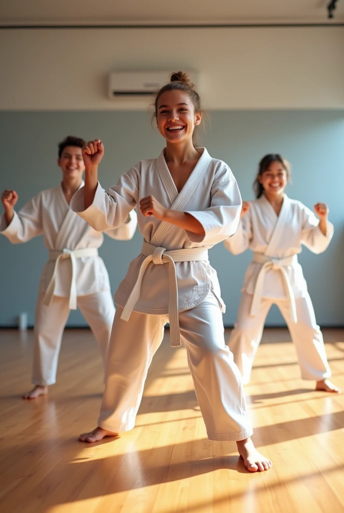 Boys and girls karate white belts happy
