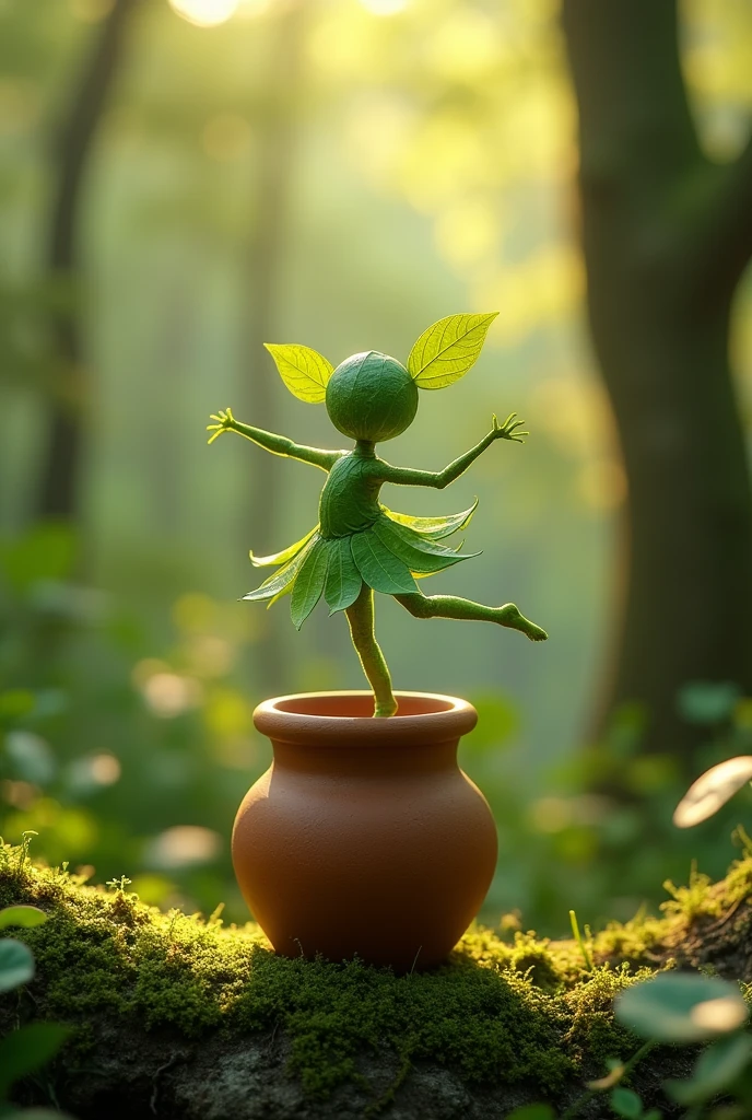 A whimsical miniature figure composed of delicately arranged green leaves, poised in a carefree dance on the rim of a weathered, moss-covered terracotta pot, set against a lush, vibrant forest backdrop, where dappled sunlight filters through the canopy above, casting intricate shadows. The overall aesthetic is ethereal, with warm, earthy tones of sienna, umber, and olive green, infused with hints of emerald and golden light, evoking a sense of wonder and enchantment, as if plucked from a fantastical realm.