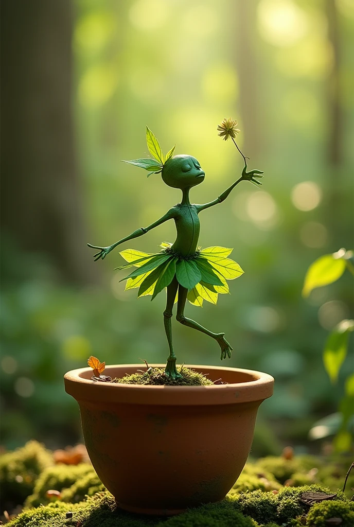A whimsical miniature figure composed of delicately arranged green leaves, poised in a carefree dance on the rim of a weathered, moss-covered terracotta pot, set against a lush, vibrant forest backdrop, where dappled sunlight filters through the canopy above, casting intricate shadows. The overall aesthetic is ethereal, with warm, earthy tones of sienna, umber, and olive green, infused with hints of emerald and golden light, evoking a sense of wonder and enchantment, as if plucked from a fantastical realm.
