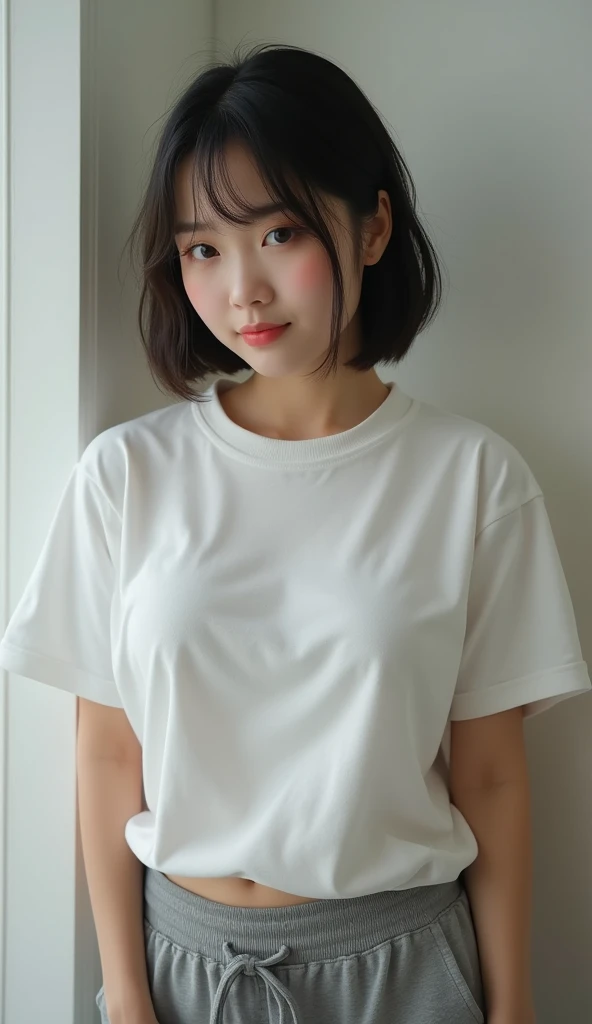 ((living)),(Best Quality,8K,Raw photo,Realistic,High resolution:1.2),(erotic curvy japanese mother)(gigantic huge breasts),(),,(oversized t-shirt),sweat pants,look horny,),((embarrassed erotically)),(((be shy erotically))),upper body facing front ,(tight fit),,,gigantic breasts close-up,short hair,(looking),giggle