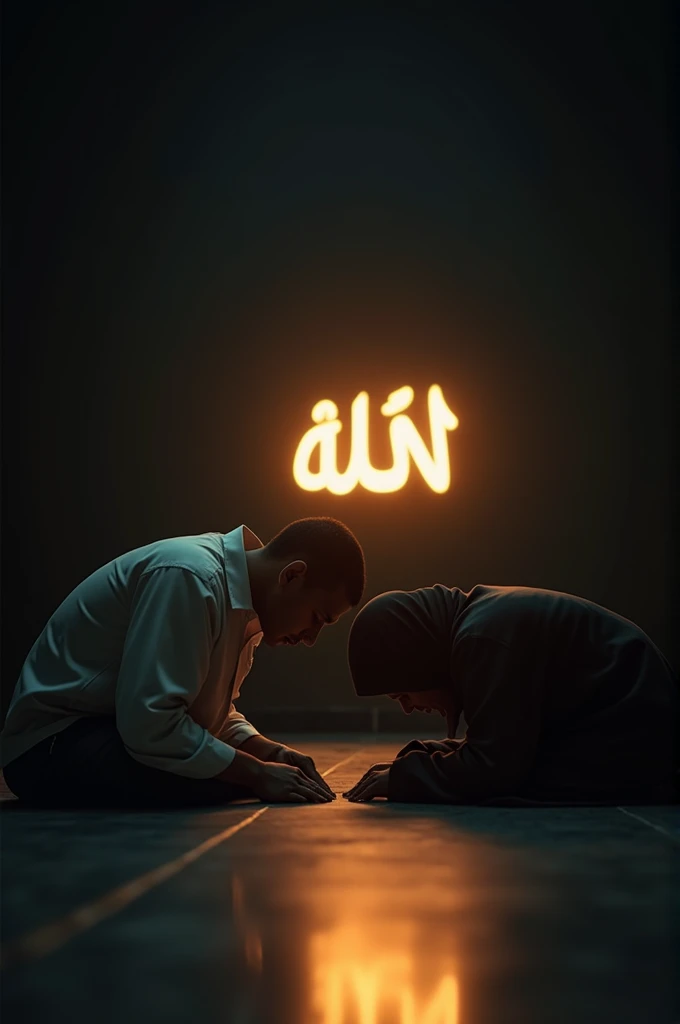 An Indonesian Muslim man and woman, both of them were prostrating, in front of them the Arabic writing 'Allah' was shining brightly, the light of the writing shone on the man and woman. providing a sharp contrast between darkness and light. an atmosphere full of calm and peace. photo taken from the side