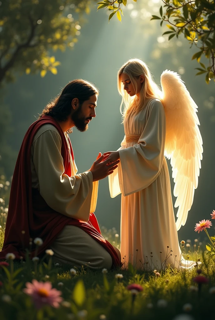 A touching scene in the Garden of Gethsemane, where Jesus, in deep agony, is kneeling in prayer. Next to you, an angel appears, placing a comforting hand on your shoulder, transmitting strength and comfort. The image should capture the contrast between Jesus&#39; anguish and the angel&#39;s reassuring presence., with soft light around the angel to highlight divine intervention., Surrealism, Realism, cinematic lighting, highres