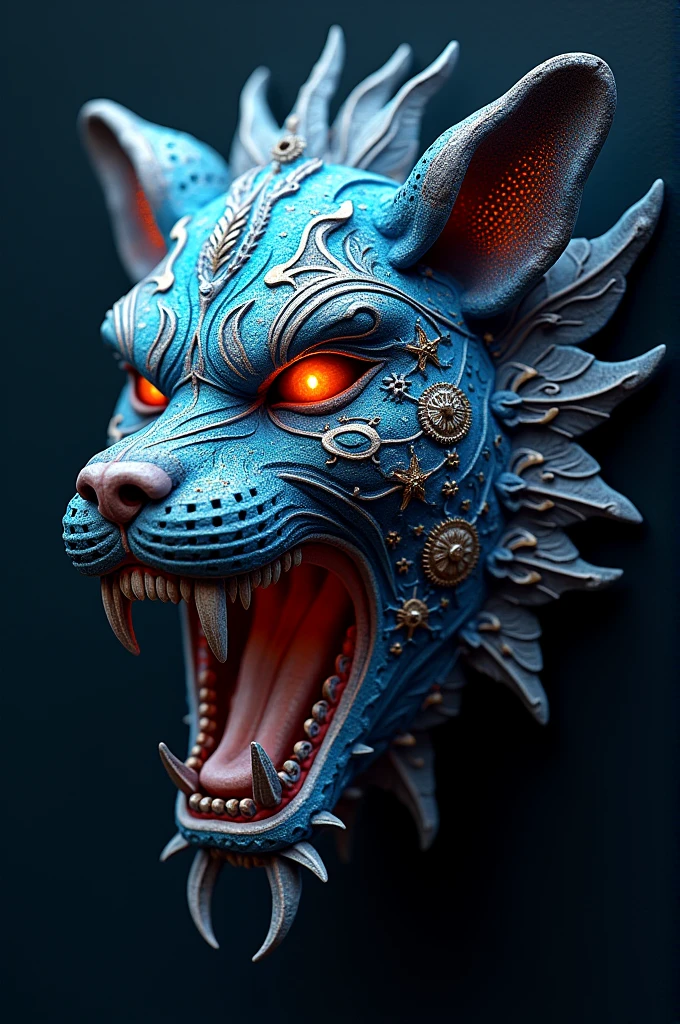 Create an intricate mask that combines several unique elements. The mask features the fierce growl of a [insert], integrated with glowing bioluminescent tribal patterns that glow in the dark. Mechanical gears and cogs are subtly incorporated into the design, giving it a steampunk aesthetic. Nature themes are present with delicate vines and leaves weaving through the design, adding an organic touch. Gothic ornate filigree enhances the edges, creating an ancient and haunting look. The mask also includes cyberpunk LED lights and holographic displays, giving it a sleek and futuristic look. Additionally, celestial themes with stars and moon patterns are subtly embossed, depicting a cosmic influence. This mask is a perfect combination of primal, mystical, and technological elements.