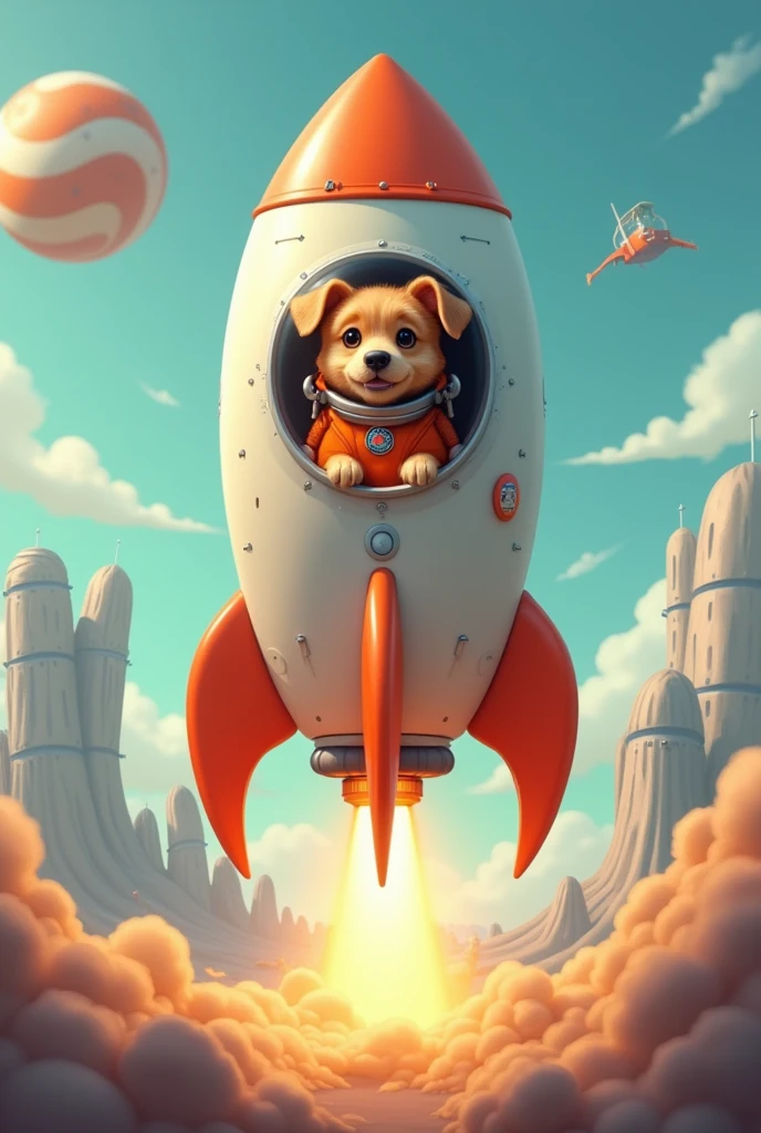 Little rocket written Shopee taking off with a caramel dog inside wearing a helmet and dressed as an orange astronaut