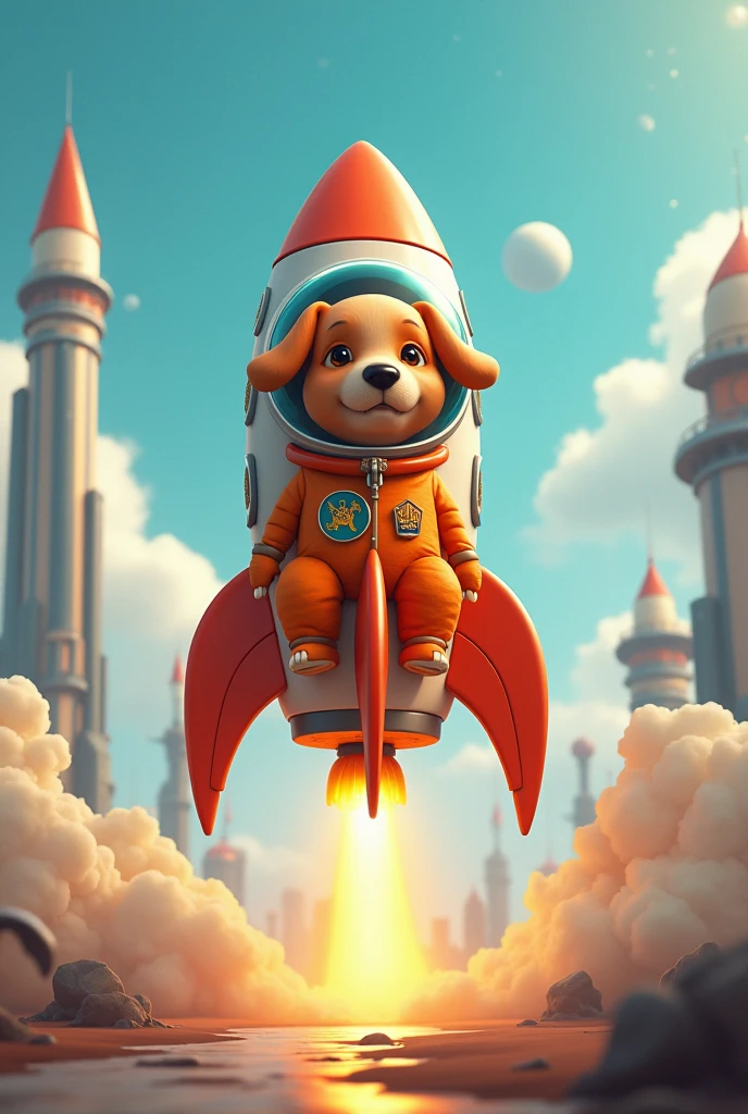 Little rocket written Shopee taking off with a caramel dog inside wearing a helmet and dressed as an orange astronaut