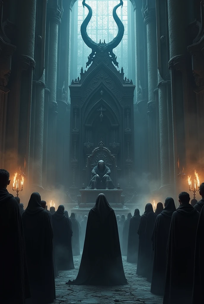 20 players in a hall of a big dark theme castle looking at the thrown of the devil