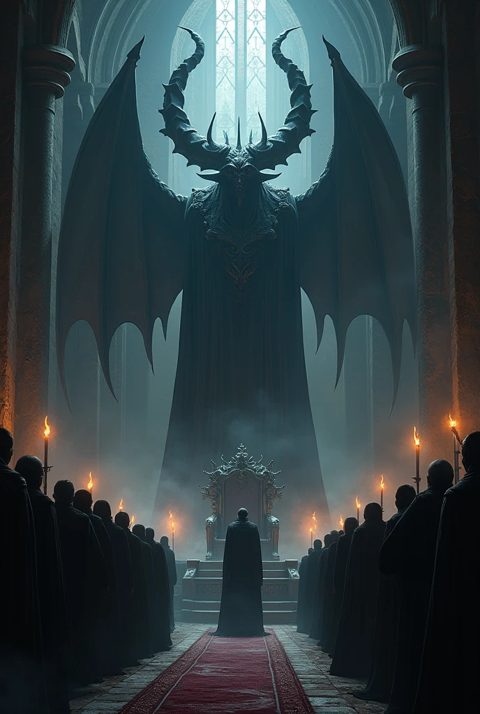 20 players in a hall of a big dark theme castle looking at the thrown of the devil