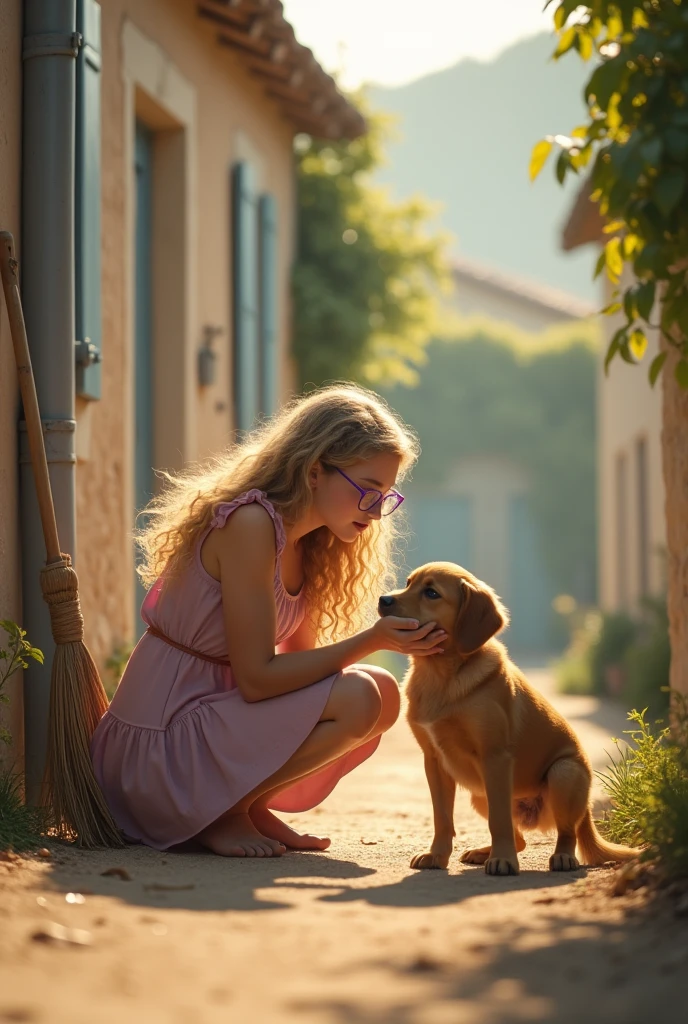 25 year old girl squatting, playing with a caramel dog, next to a typical house in a village in Provence. She is blonde, long  hair, curlies. It&#39;s quite windy and your hair and dress move. Lavender glasses. Rustic broom leaning against the wall. Filtro foggy. David Hamilton Style.