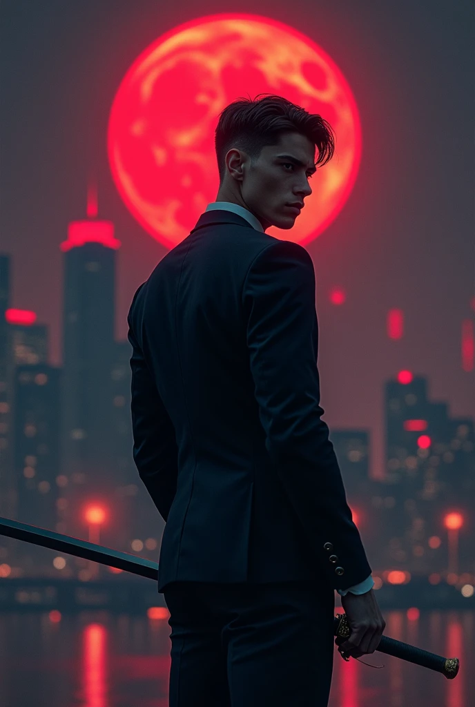 Show me an hyperrealism picture of a young man with a slim body, wearing a black tight suit and holding a sword, as he turns his back with the city at night in the background, featuring a red, round moon.