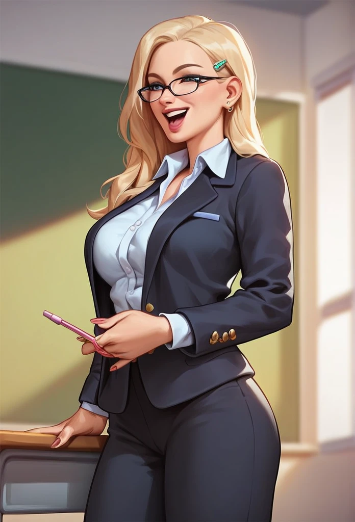 Rosana, French adult woman, slim. long blonde hair. Wearing a black blazer dress. . tailoring pants. is in the classroom. Female teacher. wear glasses. happy expression.