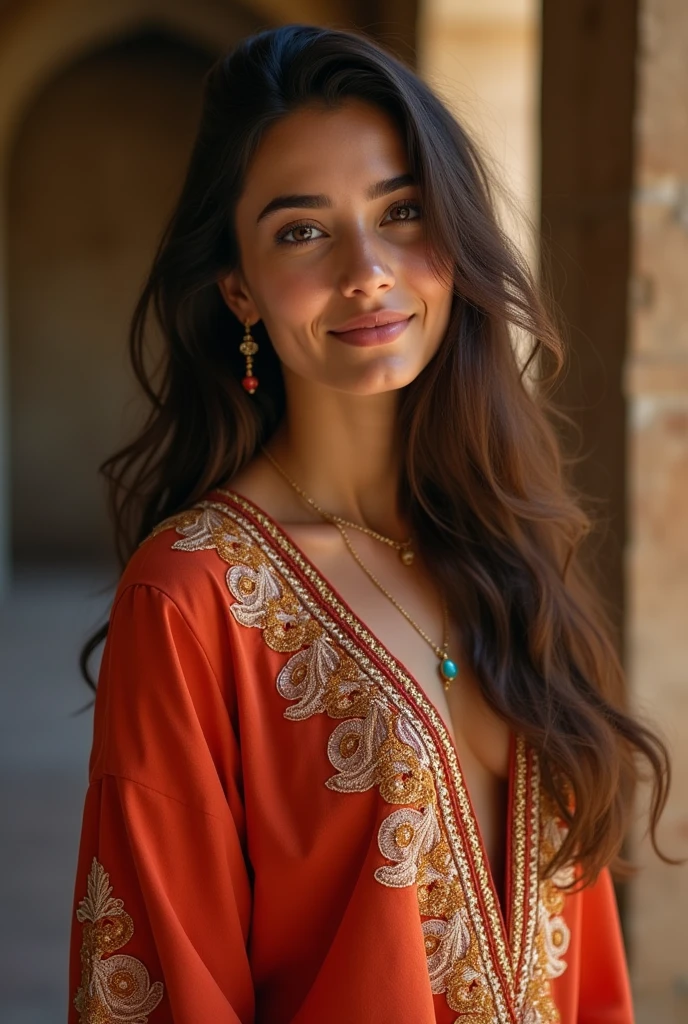 Imagine a girl of average height, with long, kohl-rimmed hair and big, kohl-rimmed eyes that shine like stars.. Her skin is clear, and she has a sweet smile that makes her even more beautiful.. Wearing a beautiful Moroccan caftan, embroidered with golden hands. Her gait is calm and her elegance is natural, as if she attracts attention effortlessly.. She has a strong presence and charisma that makes anyone who sees her want to get to know her more..