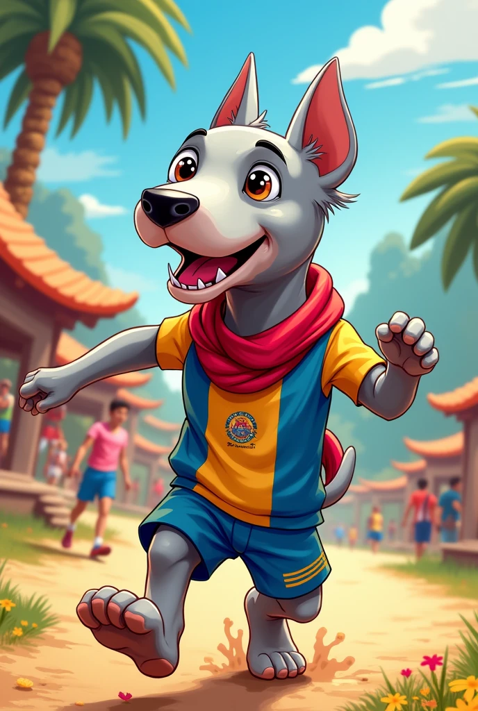 Create me a digital sketch for the mascots of the Pan American Games Peru 2027 inspired by the Peruvian dog, the viringo or peruvian hairless dog. Remember to replicate the features of the dog that is gray, put him doing some sport, I wish the form to be very cartoonish