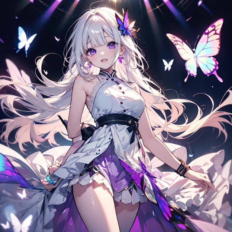 1 person、Mature、Ample breasts、Long Hair、White Hair、White skin、Straight hair、Trimmed bangs、Purple Eyes、Diva、Open Mouth、smile、sing、Ballerina Costume、Pale purple costume、Miniskirt、Lace fabric、bracelet、Earrings、gem、stage、Spotlight、Butterflies fluttering、アンティークなstage、Reaching out、High resolution、Highest quality