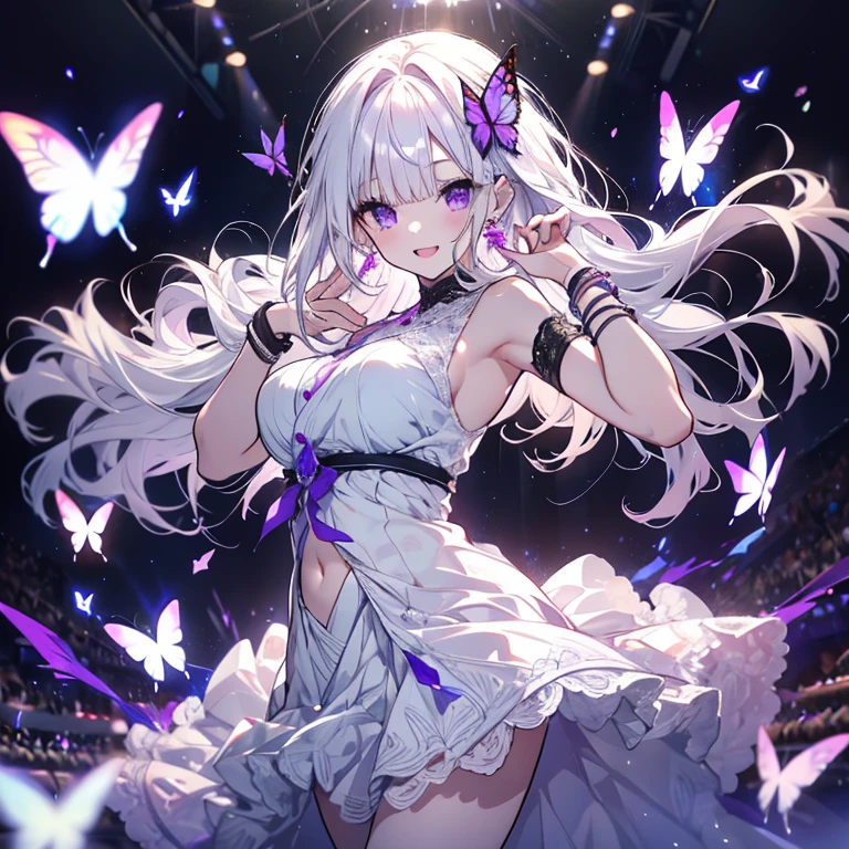 1 person、Mature、Ample breasts、Long Hair、White Hair、White skin、Straight hair、Trimmed bangs、Purple Eyes、Diva、Open Mouth、smile、sing、Ballerina Costume、Pale purple costume、Miniskirt、Lace fabric、bracelet、Earrings、gem、stage、Spotlight、Butterflies fluttering、アンティークなstage、Reaching out、High resolution、Highest quality