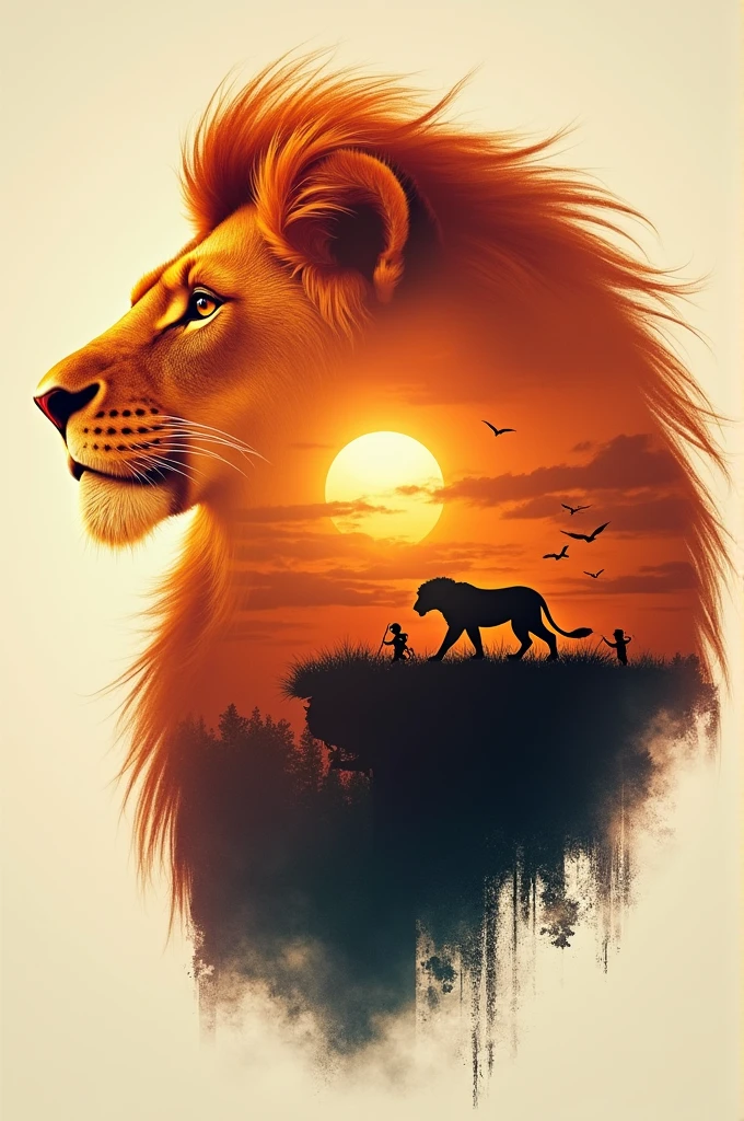 Make a double exposure photoshop poster of the Lion King movie 
