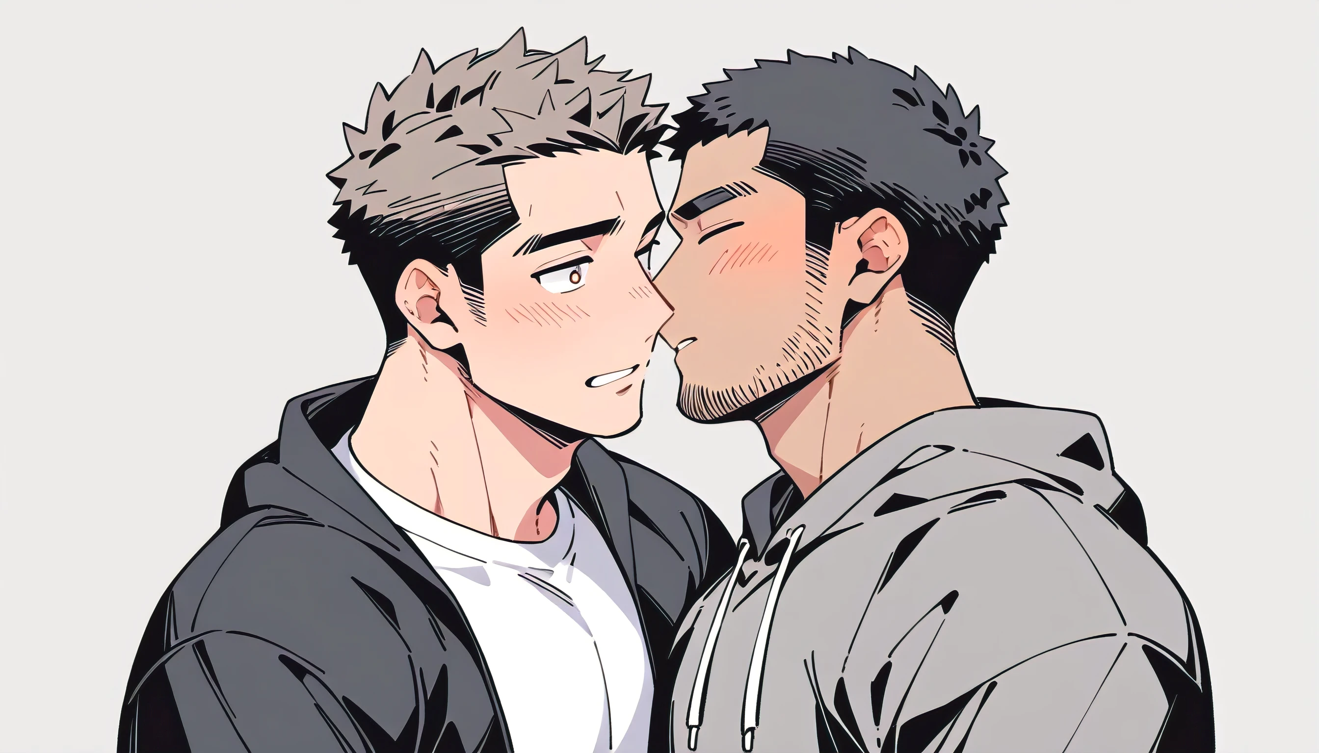 anime characters：Priapus and Dark-skinned muscular athlete, They hugged each other, kiss, Buzz Cut, Manliness, male focus, Sports tight hooded sweatshirt, Very tight, full and perky chest muscles, muscular male, muscular, only, Upper body, alone, Black short hair, Thick eyebrows, stubble, Brown-red pupils, Dark Grey background, simple background, amazing quality, best aesthetics, Ridiculous, crew cut, parted lips, flustered, endured face, shy, blush, negative space, negative space, best quality