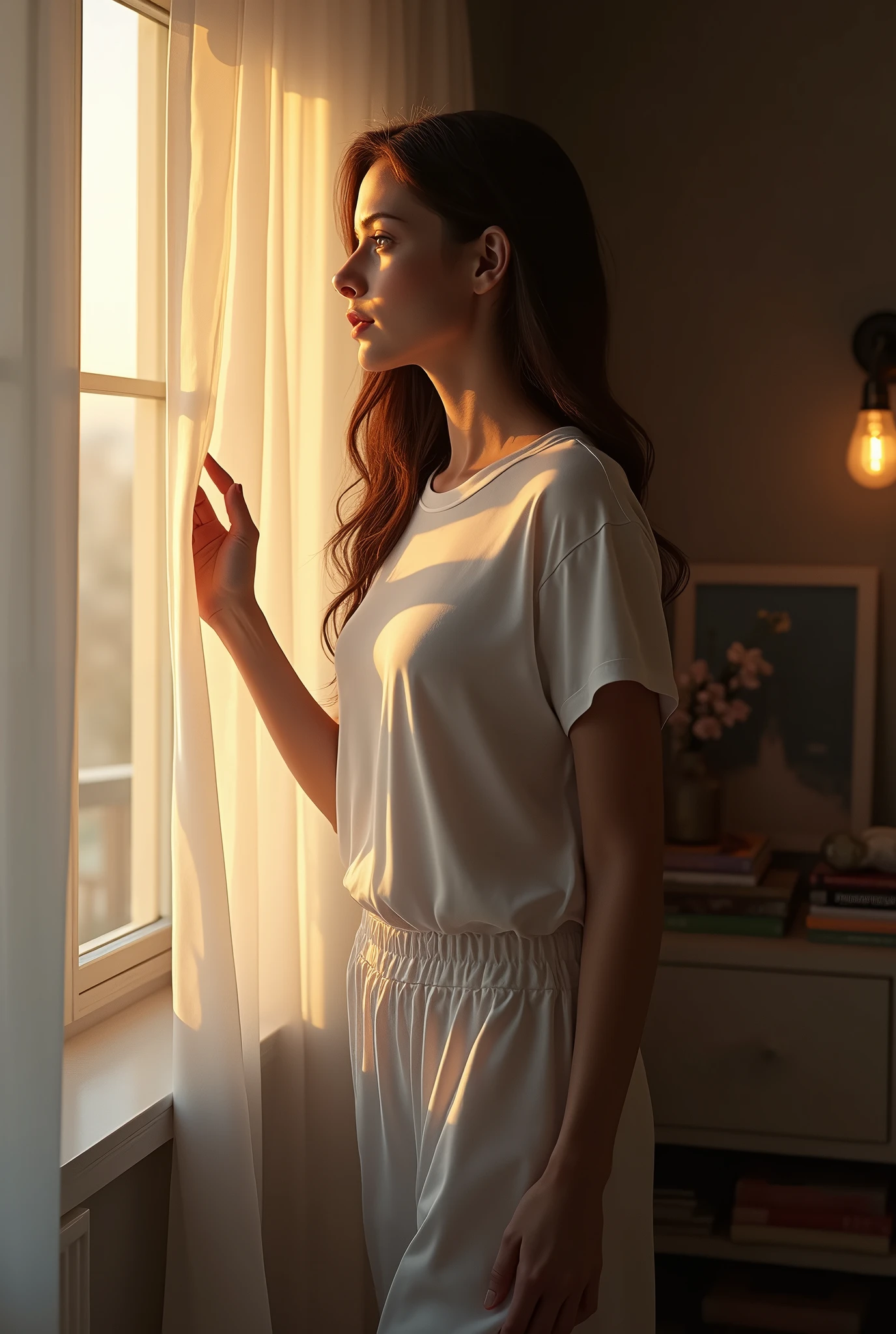 (photorealism:1.2), a very beautiful woman 2, wearing a white t-shirt and long pajama pants, standing near his bedroom window(hold the curtain) looking out, in the room with a 5 watt wall lamp, (very detailed like the items in a woman's room