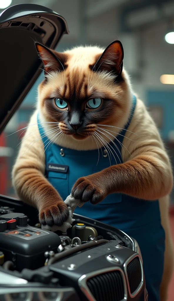 photorealistic, 8k, siamese cat, giant fat cat, mechanic's uniform, working on fixing car, using tiny tools, wiping paws with cloth, hyperrealistic, extremely detailed, intricate details, sharp focus, cinematic lighting, dramatic shadows, vibrant colors, realistic textures, masterpiece