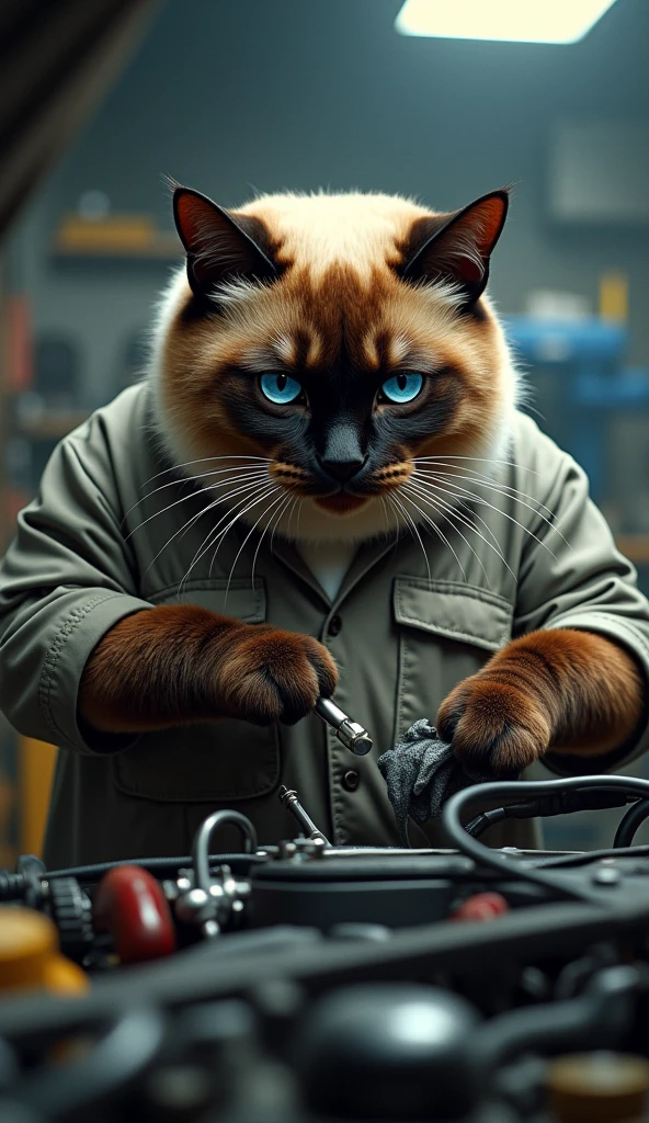photorealistic, 8k, siamese cat, giant fat cat, mechanic's uniform, working on fixing car, using tiny tools, wiping paws with cloth, hyperrealistic, extremely detailed, intricate details, sharp focus, cinematic lighting, dramatic shadows, vibrant colors, realistic textures, masterpiece