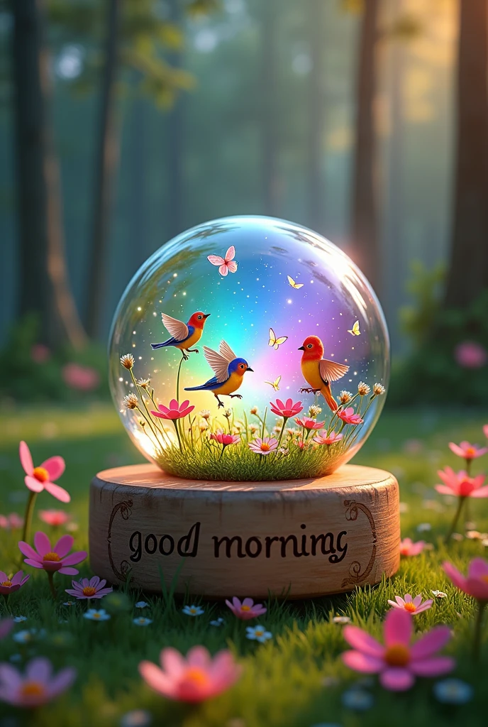 3d image in the evening atmosphere of a glass ball, rainbow light, colorful birds in a meadow full of flowers, butterflies flying around flowers. trees, drawings, high resolution. The glass ball was placed on a wooden base clearly engraved with the name 'GOOD MORNING"
