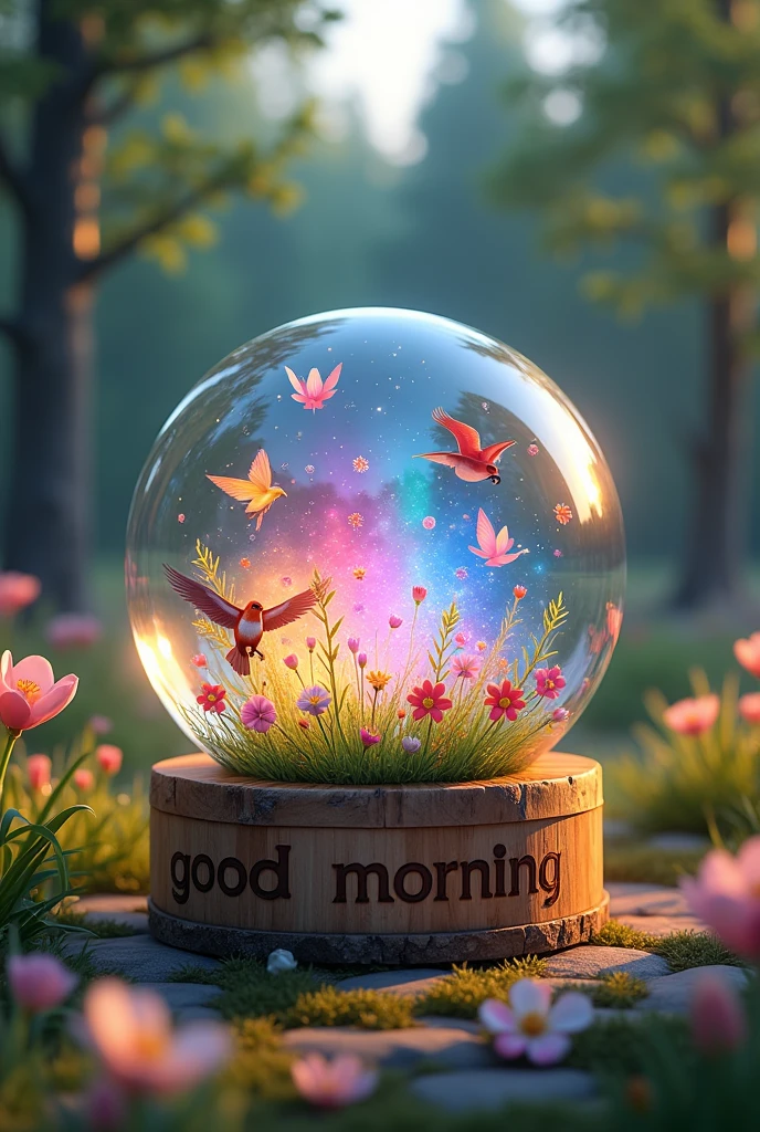 3d image in the evening atmosphere of a glass ball, rainbow light, colorful birds in a meadow full of flowers, butterflies flying around flowers. trees, drawings, high resolution. The glass ball was placed on a wooden base clearly engraved with the name 'GOOD MORNING"