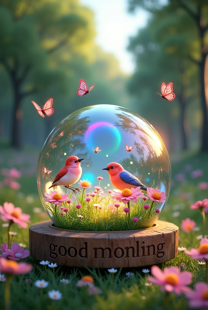 3d image in the evening atmosphere of a glass ball, rainbow light, colorful birds in a meadow full of flowers, butterflies flying around flowers. trees, drawings, high resolution. The glass ball was placed on a wooden base clearly engraved with the name 'GOOD MORNING"