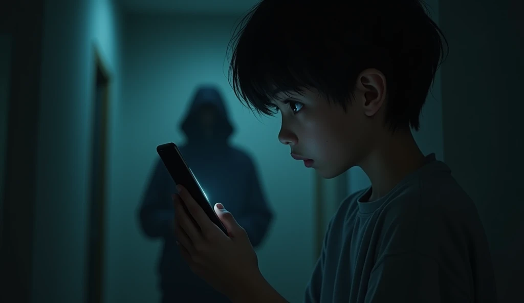 horor, dark atmosphere, Intricate details, Structure of the film, Dramatic Shadows, Mysterious, Creepy, Otherworldly, A calming color palette, chiaroscuro lighting, Ultra-detailed, masterpiece, highest quality, 8k, Realistic, A black figure appears behind a 13-year-old black-haired Japanese boy through the screen of a smartphone online call. A dimly lit room.