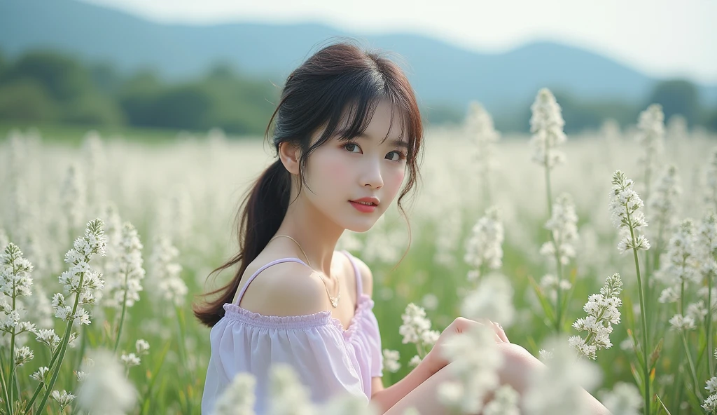 high resolution, Chinese women,Cute skin, high details, details eye,realistic photography's photos highly detailed, high resolution, realistic photography's high resolution, a beautiful young Korea idol woman wearing a cute dress, detailed beautiful eyes and face, sitting in a white lavender field. The photo should be taken with a high-end camera, showcasing a stunning in the background. The woman is smiling softly, with Rose white lavender in full bloom around her