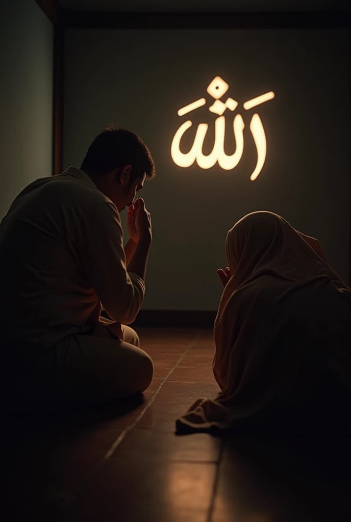 An Indonesian Muslim man and woman, both of them were prostrating, in front of them the Arabic writing 'Allah' was shining brightly, the light of the writing shone on the man and woman. providing a sharp contrast between darkness and light. an atmosphere full of calm and peace. photo taken from the side
