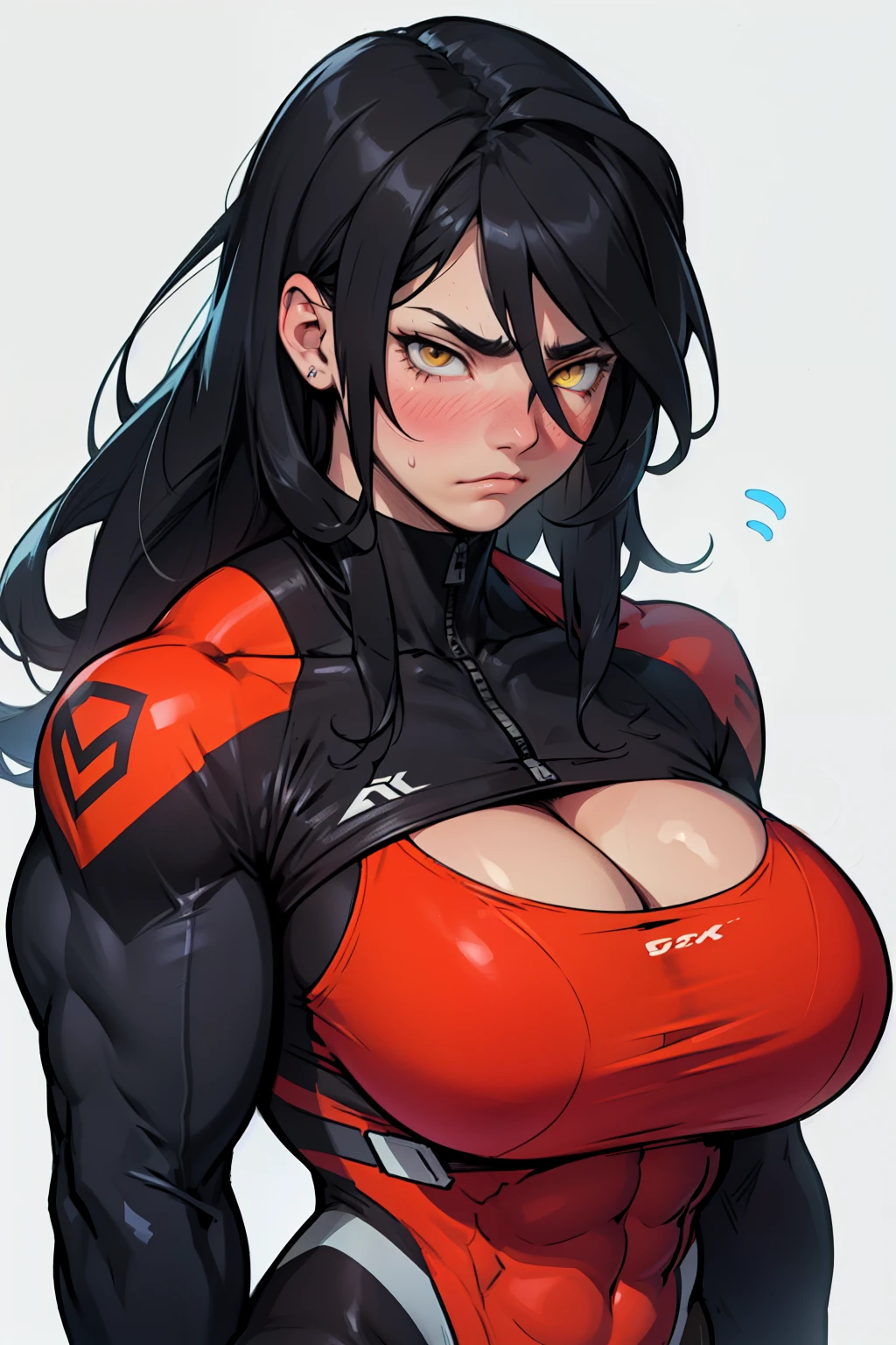 massive breasts huge breasts ((((muscular girl)))) ((((muscular girl)))) ((((muscular girl)))) toned body skinsuit long hair black hair yellow eyes pale skin serious look empty eyes sad frown light blush embarrassed