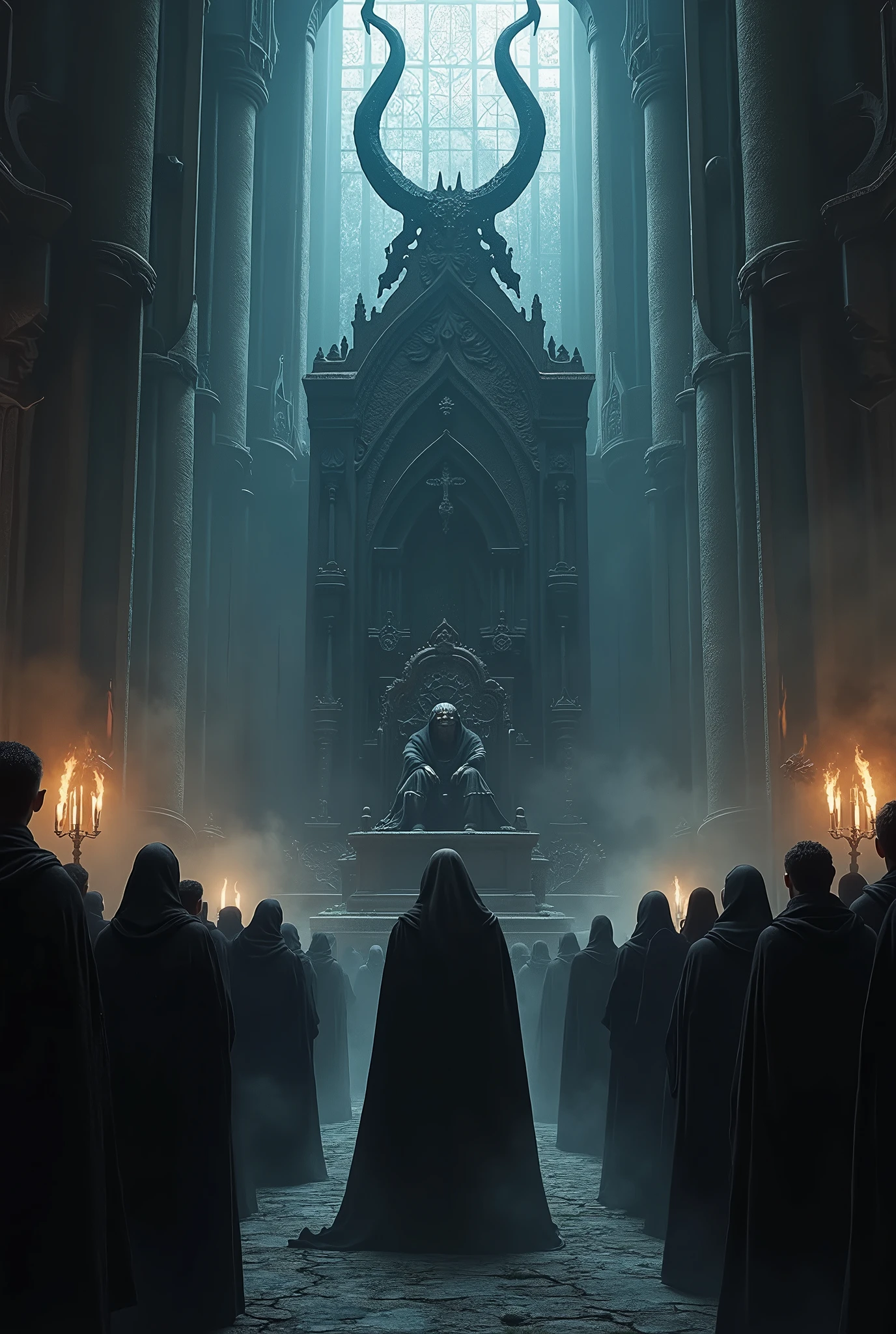 20 players in a hall of a big dark theme castle looking at the thrown of the devil 