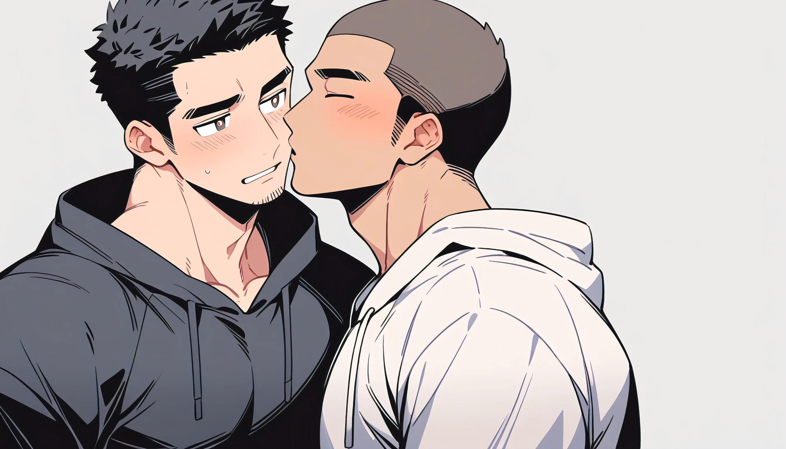 anime characters:Priapus and Dark-skinned muscular athlete, They hugged each other, kiss, Buzz Cut, Manliness, male focus, Sports tight hooded sweatshirt, Very tight, full and perky chest muscles, muscular male, muscular, only, Upper body, alone, Black short hair, Thick eyebrows, stubble, Brown-red pupils, Dark Grey background, simple background, amazing quality, best aesthetics, Ridiculous, crew cut, parted lips, flustered, endured face, shy, blush, negative space, negative space, best quality