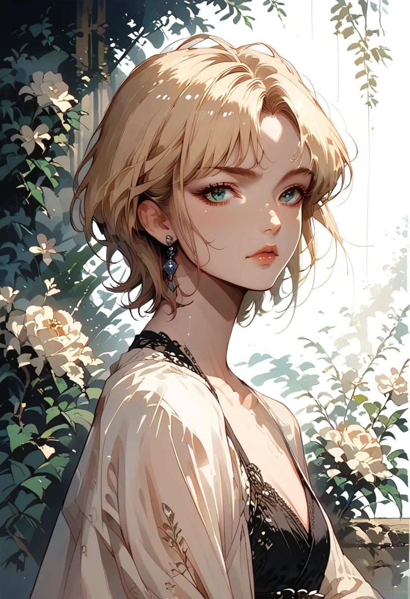 1 girl,beautiful, masterpiece, best quality, white background,Kazuya Takahashi, concept art, blonde,short hair