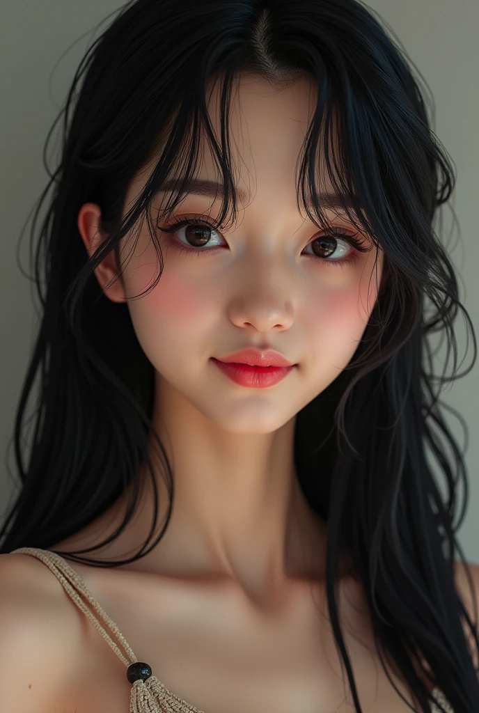 One person, solo, High resolution, Long Hair, Gaze, chest, Blushing, smile, Black Hair, Shiny Hair, Straight Hair, Wet Hair, Parted bangs