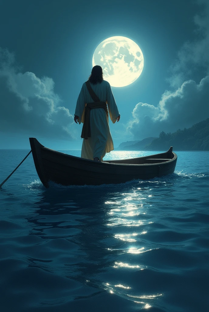 Create a drawing illustration of Peter getting out of the boat and going to meet Jesus on the water
