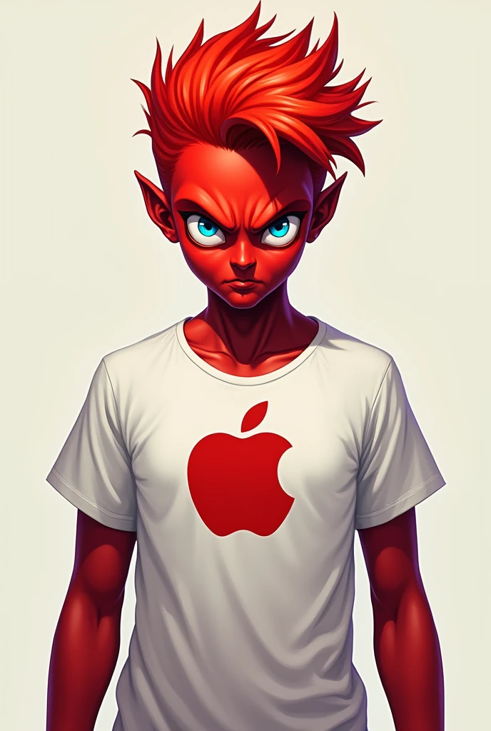 Make one with red skin and blue eyes, a white t-shirt with an apple on it, and red hair with an angry face