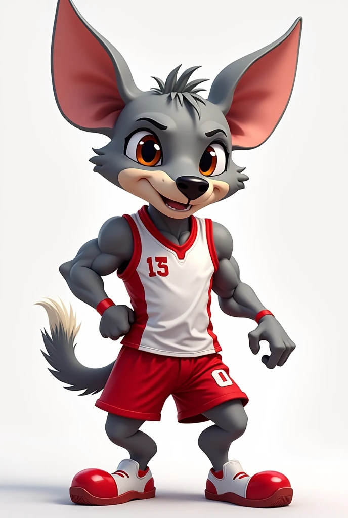 Create me a digital sketch for the mascots of the Pan American Games Peru 2027 inspired by the Peruvian dog, the viringo or peruvian hairless dog. Remember to replicate the features of the dog that is gray, put him doing some sport, I wish the form to be very cartoonish, that their clothes are only white and red